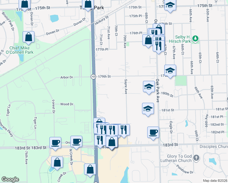 map of restaurants, bars, coffee shops, grocery stores, and more near 7025 179th Street in Tinley Park