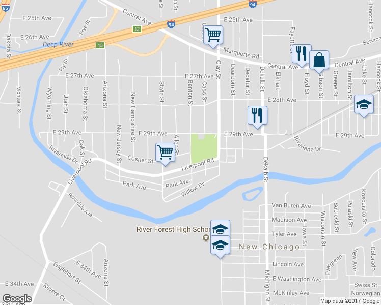 map of restaurants, bars, coffee shops, grocery stores, and more near 4229 Cosner Street in Lake Station