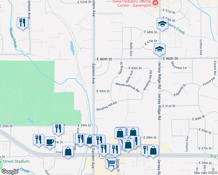 map of restaurants, bars, coffee shops, grocery stores, and more near 4406 Spring Street in Davenport