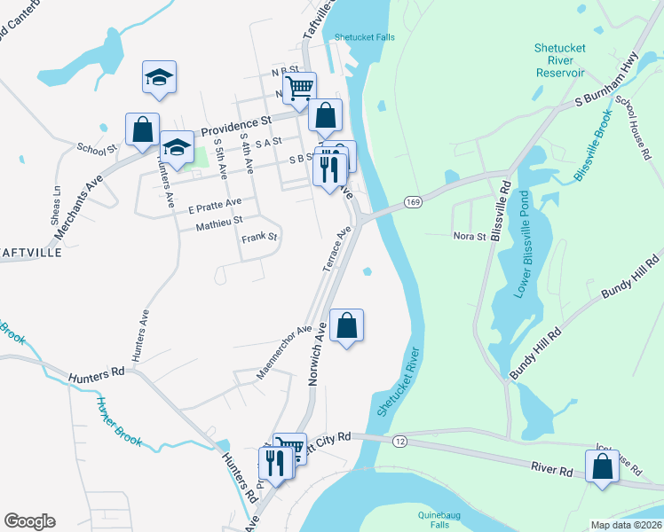 map of restaurants, bars, coffee shops, grocery stores, and more near 51 Shetucket Avenue in Norwich