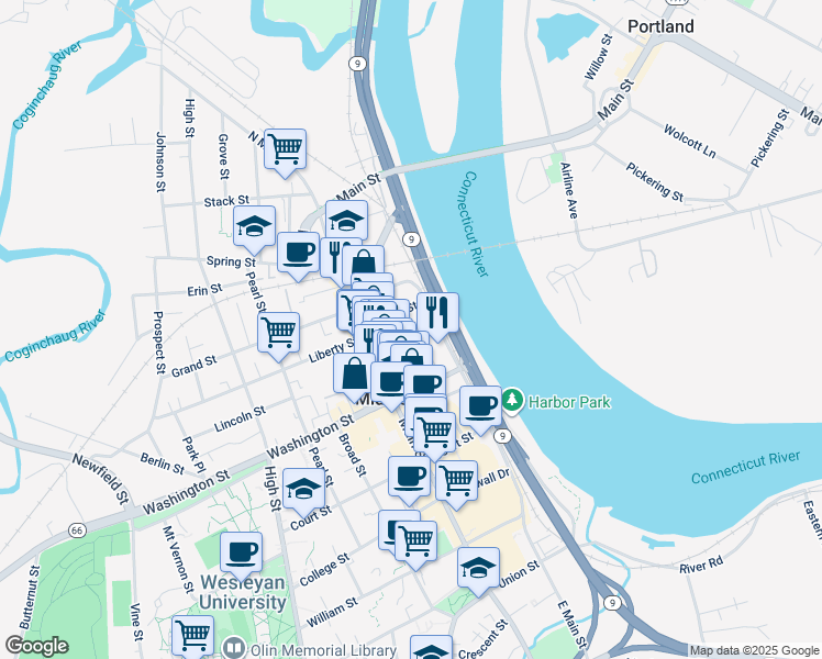 map of restaurants, bars, coffee shops, grocery stores, and more near 50 Ferry Street in Middletown