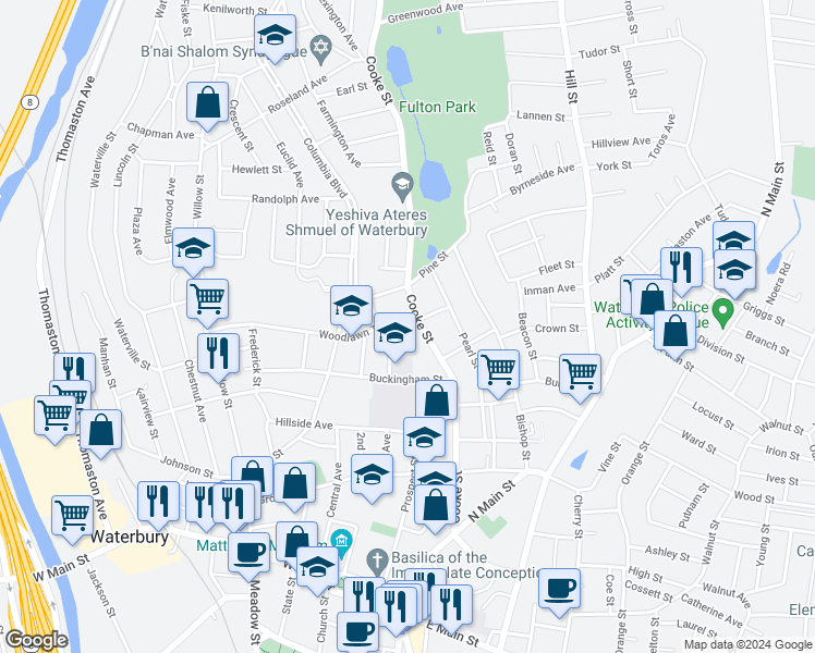 map of restaurants, bars, coffee shops, grocery stores, and more near 9 Woodlawn Terrace in Waterbury