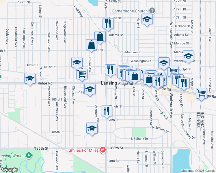 map of restaurants, bars, coffee shops, grocery stores, and more near 18207 Burnham Avenue in Lansing