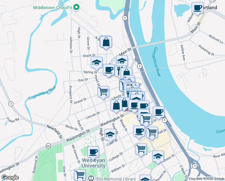 map of restaurants, bars, coffee shops, grocery stores, and more near 39 Grand Street in Middletown