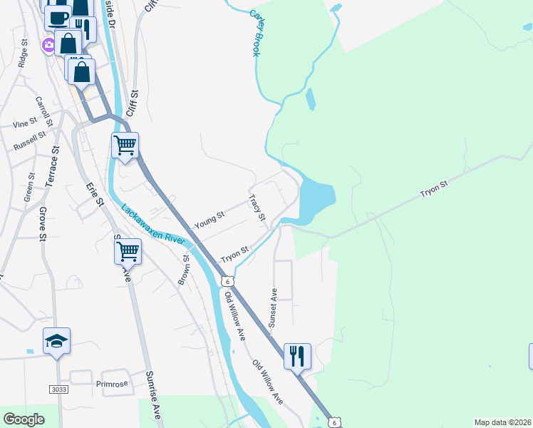 map of restaurants, bars, coffee shops, grocery stores, and more near 317 Tracy St in Honesdale