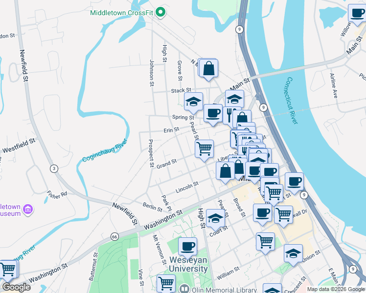 map of restaurants, bars, coffee shops, grocery stores, and more near 38 Bacon Avenue in Middletown