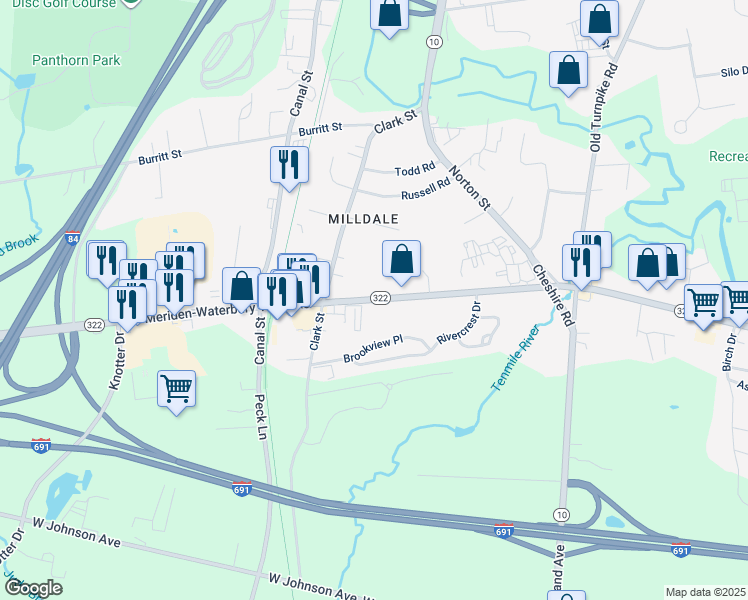 map of restaurants, bars, coffee shops, grocery stores, and more near 58 Wyndcrest Court in Southington