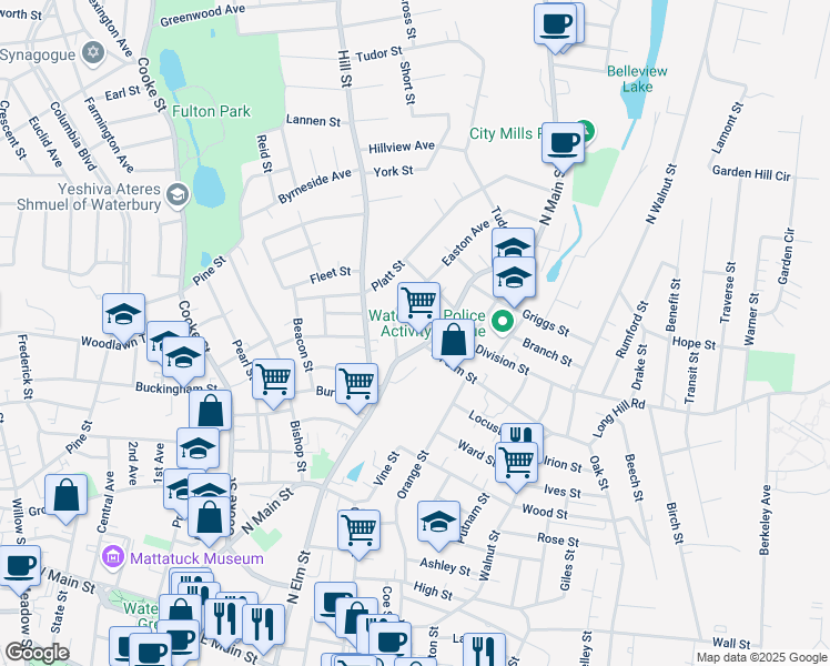 map of restaurants, bars, coffee shops, grocery stores, and more near 60 West Farm Street in Waterbury