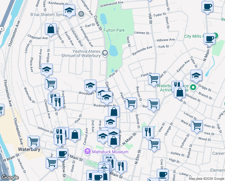 map of restaurants, bars, coffee shops, grocery stores, and more near 15 Matson Court in Waterbury