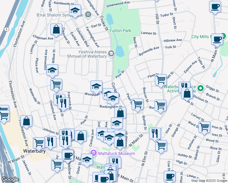 map of restaurants, bars, coffee shops, grocery stores, and more near 14 Woodlawn Terrace in Waterbury