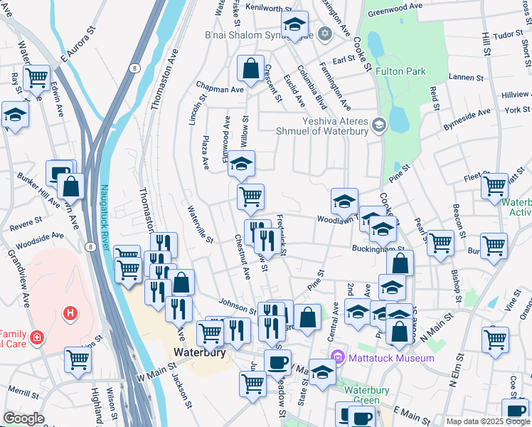 map of restaurants, bars, coffee shops, grocery stores, and more near 30 Arch Street in Waterbury