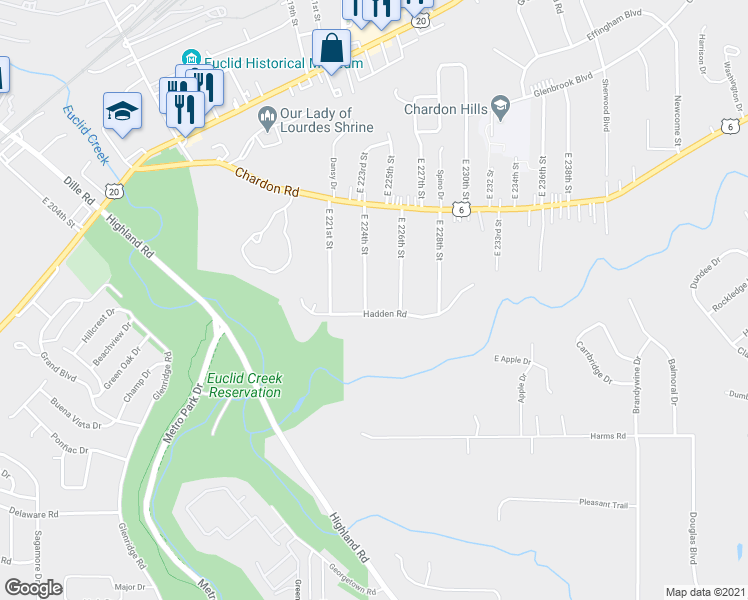 map of restaurants, bars, coffee shops, grocery stores, and more near 2041 East 224th Street in Euclid