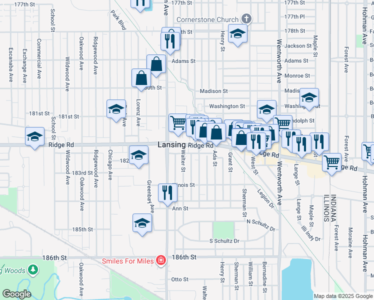 map of restaurants, bars, coffee shops, grocery stores, and more near 3256 Ridge Road in Lansing