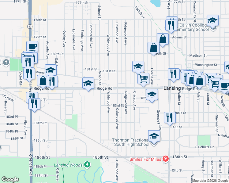 map of restaurants, bars, coffee shops, grocery stores, and more near 2842 Ridge Road in Lansing
