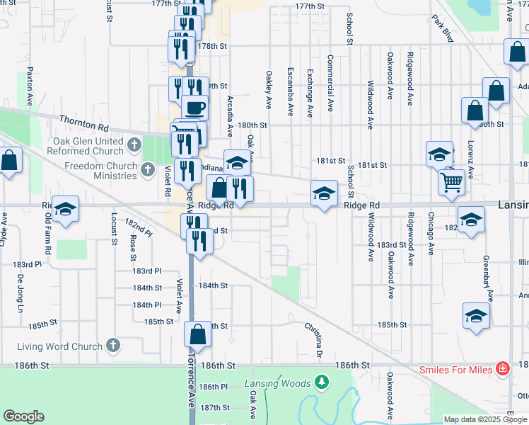 map of restaurants, bars, coffee shops, grocery stores, and more near 2536 Ridge Road in Lansing