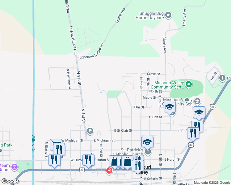 map of restaurants, bars, coffee shops, grocery stores, and more near in Missouri Valley