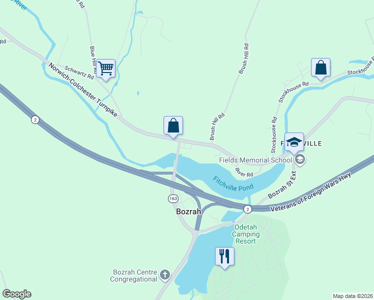 map of restaurants, bars, coffee shops, grocery stores, and more near 305 Fitchville Road in Bozrah