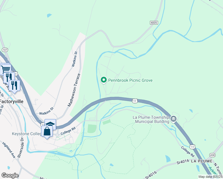 map of restaurants, bars, coffee shops, grocery stores, and more near Red Apple Rd in Factoryville