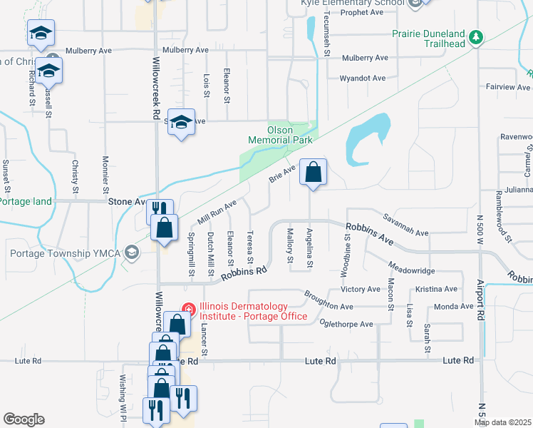 map of restaurants, bars, coffee shops, grocery stores, and more near 3127 Teresa Street in Portage