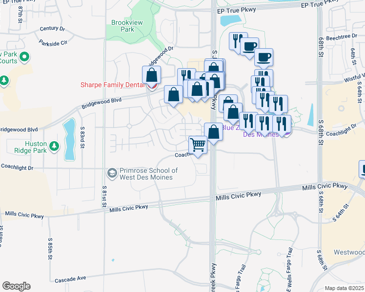 map of restaurants, bars, coffee shops, grocery stores, and more near 7610408 South 76th Street in West Des Moines