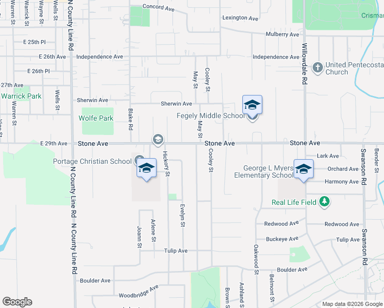 map of restaurants, bars, coffee shops, grocery stores, and more near 3020 May Street in Portage