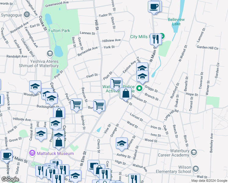 map of restaurants, bars, coffee shops, grocery stores, and more near 15 West Farm Street in Waterbury