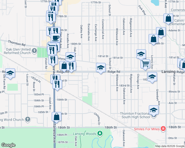 map of restaurants, bars, coffee shops, grocery stores, and more near 2654 Ridge Road in Lansing