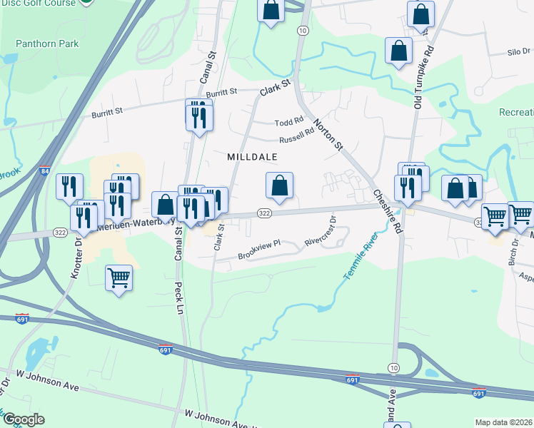 map of restaurants, bars, coffee shops, grocery stores, and more near 58 Wyndcrest Court in Southington