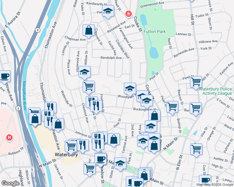 map of restaurants, bars, coffee shops, grocery stores, and more near 98 Woodlawn Terrace in Waterbury