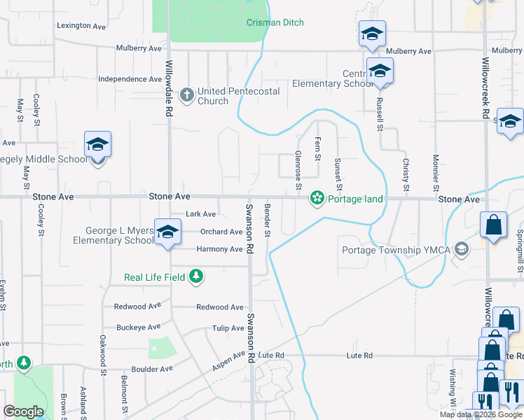 map of restaurants, bars, coffee shops, grocery stores, and more near 5645 Stone Avenue in Portage