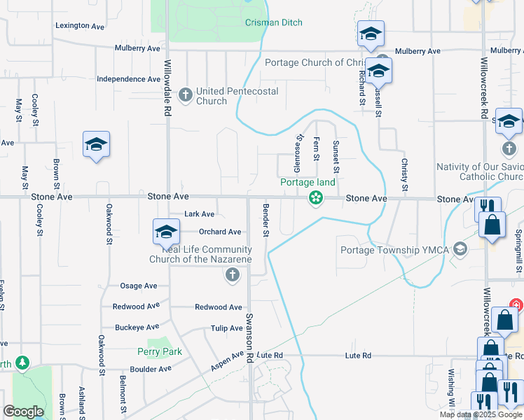 map of restaurants, bars, coffee shops, grocery stores, and more near 3010 Bender Street in Portage