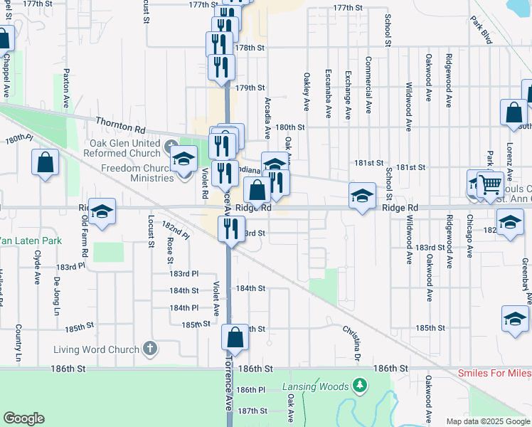 map of restaurants, bars, coffee shops, grocery stores, and more near 2458 Ridge Road in Lansing