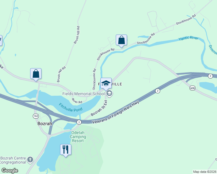 map of restaurants, bars, coffee shops, grocery stores, and more near 195 Fitchville Road in Bozrah