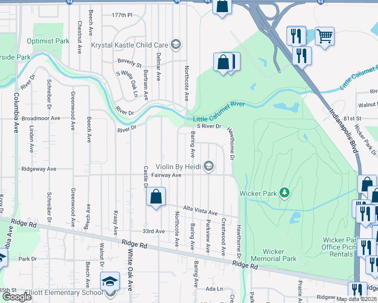 map of restaurants, bars, coffee shops, grocery stores, and more near 8141 Northcote Avenue in Munster