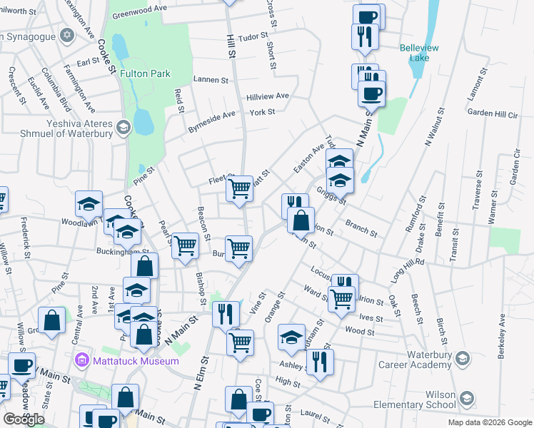 map of restaurants, bars, coffee shops, grocery stores, and more near 30 Easton Avenue in Waterbury
