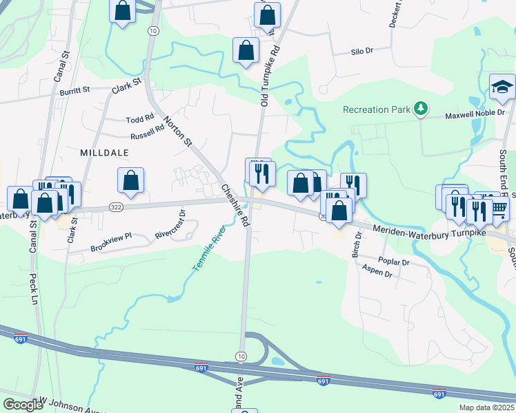 map of restaurants, bars, coffee shops, grocery stores, and more near 1315 Meriden-Waterbury Turnpike in Southington