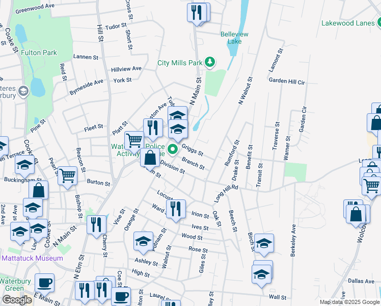 map of restaurants, bars, coffee shops, grocery stores, and more near 97 Griggs Street in Waterbury