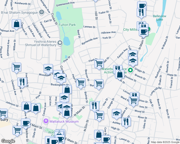 map of restaurants, bars, coffee shops, grocery stores, and more near 25 Barnes Street in Waterbury