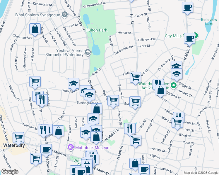 map of restaurants, bars, coffee shops, grocery stores, and more near 249 Bishop Street in Waterbury