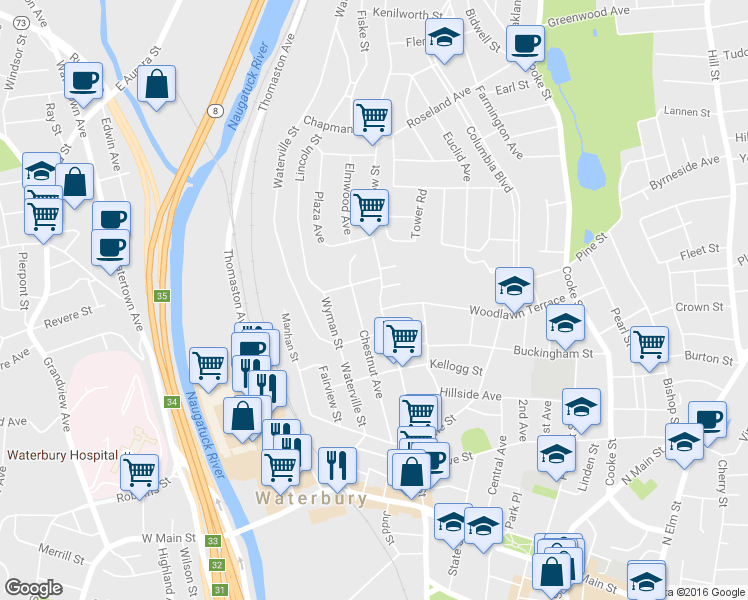map of restaurants, bars, coffee shops, grocery stores, and more near 267 Willow Street in Waterbury