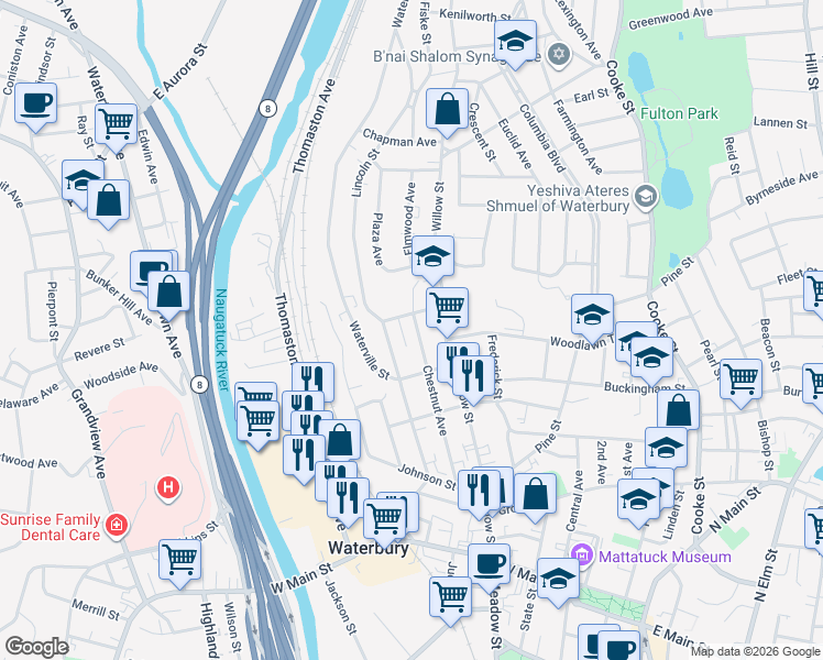 map of restaurants, bars, coffee shops, grocery stores, and more near 26 Ludlow Street in Waterbury