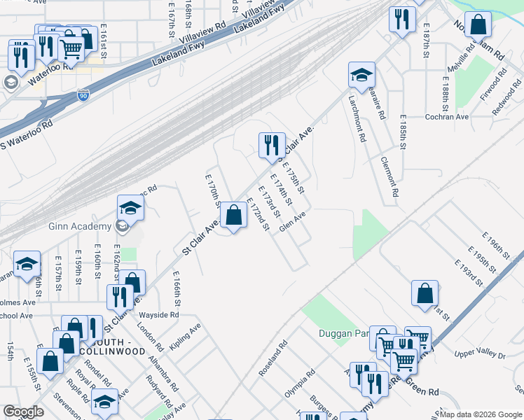 map of restaurants, bars, coffee shops, grocery stores, and more near 1447 East 173rd Street in Cleveland