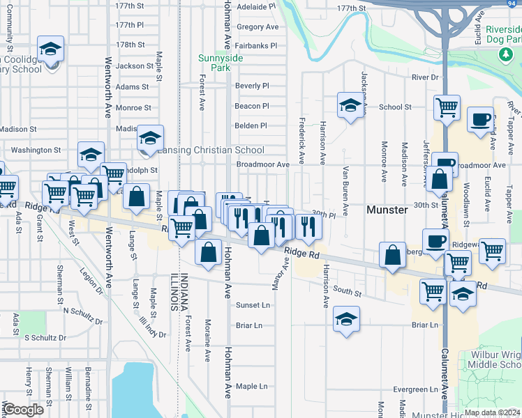 map of restaurants, bars, coffee shops, grocery stores, and more near 8142 Highland Place in Munster