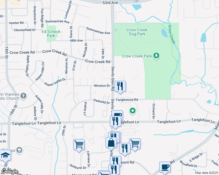 map of restaurants, bars, coffee shops, grocery stores, and more near 3430 Winston Drive in Bettendorf