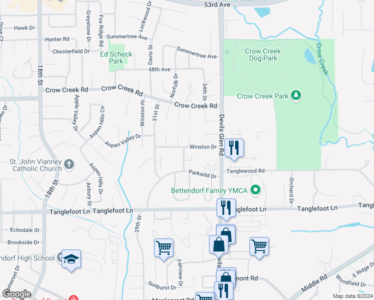 map of restaurants, bars, coffee shops, grocery stores, and more near 3320 Winston Drive in Bettendorf