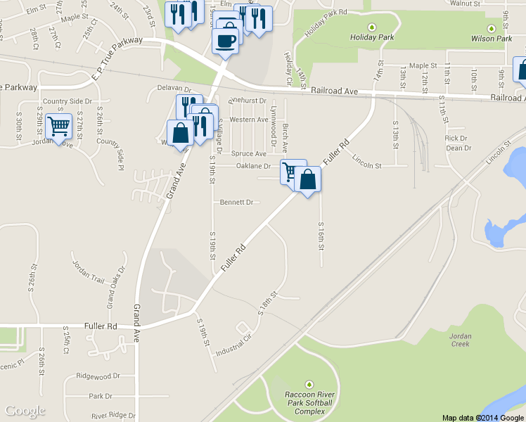 map of restaurants, bars, coffee shops, grocery stores, and more near 1730 Bennett Drive in West Des Moines