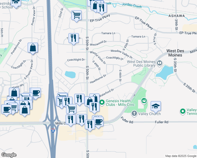 map of restaurants, bars, coffee shops, grocery stores, and more near 442 South 49th Court in West Des Moines