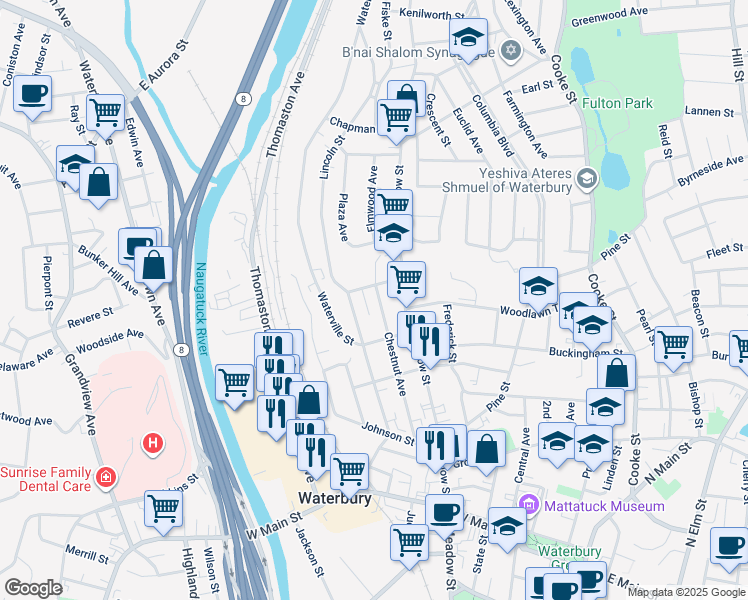map of restaurants, bars, coffee shops, grocery stores, and more near 26 Ludlow Street in Waterbury