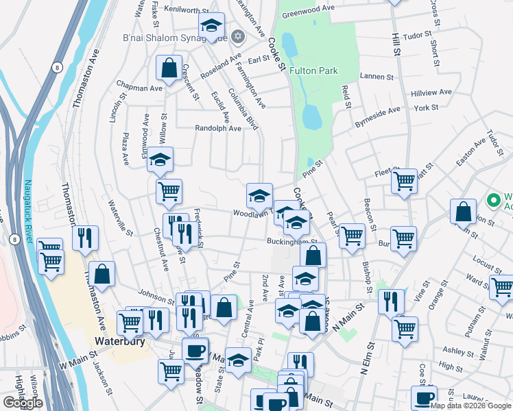 map of restaurants, bars, coffee shops, grocery stores, and more near 214 Pine Street in Waterbury