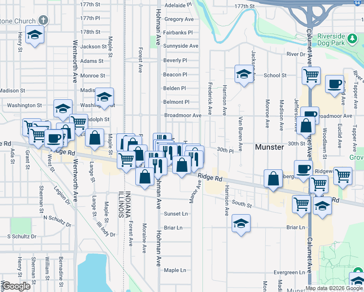 map of restaurants, bars, coffee shops, grocery stores, and more near 8142 Highland Place in Munster